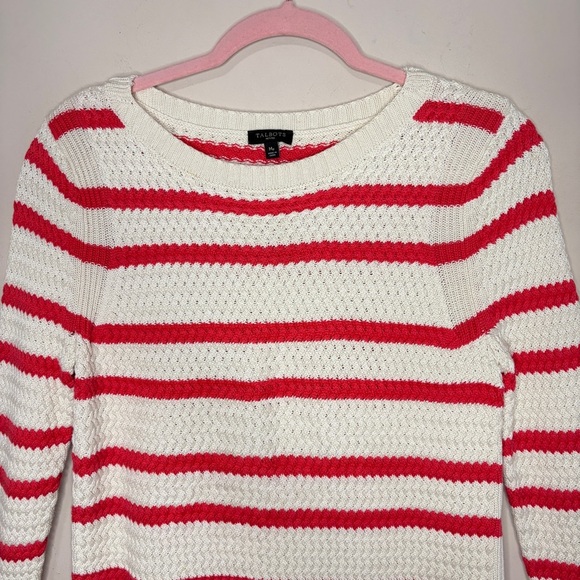 TALBOTS Coral & Beige Striped Cable Knit Crewneck Sweater, Medium Petite - Picture 2 of 10